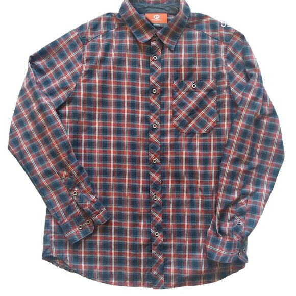Mens Merrell Long Sleeve Plaid Button-Up Shirt L/G Polyester Red & Blue Classic - Picture 1 of 5